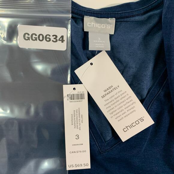 Chicos XL NEW Knit Top Chambray V Neck Riviera Authentic Tiered Sleeve - Picture 3 of 9